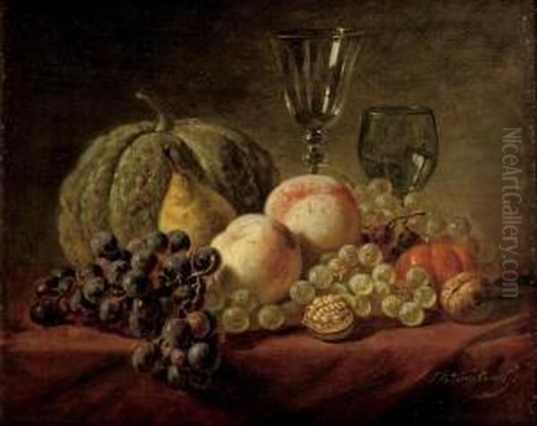 A Still Life With Fruits And Glasses On A Table Oil Painting by Sebastiaan Theodorus Voorn Boers