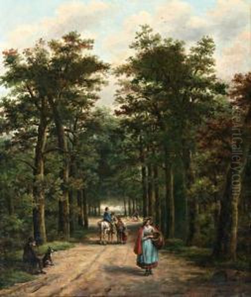 Figuren En Ruiter Op Boslaan Oil Painting by Sebastiaan Theodorus Voorn Boers