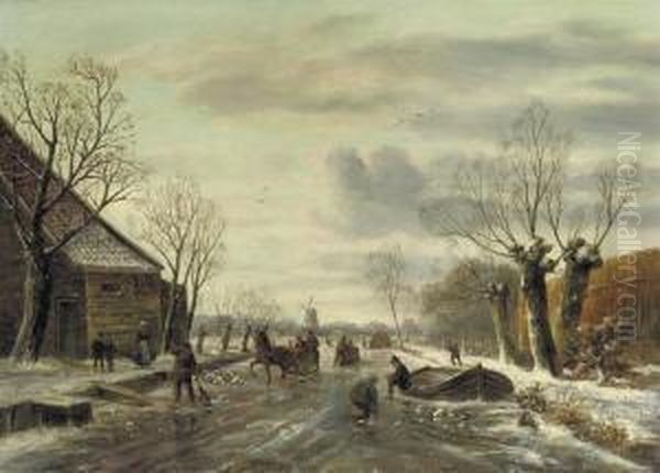 On The Ice With A Horse-drawn-sledge Oil Painting by Sebastiaan Theodorus Voorn Boers