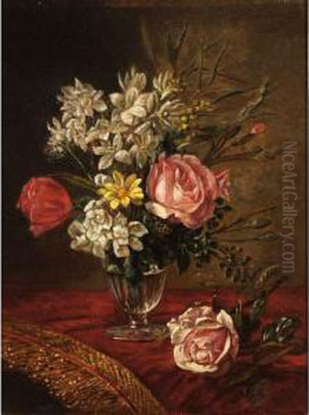 A Flower Still Life In A Glass On A Draped Table Oil Painting by Sebastiaan Theodorus Voorn Boers