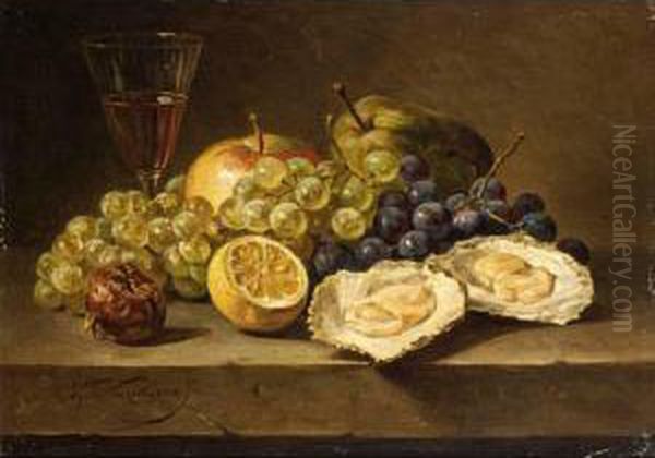 Still Life With Oysters, Grapes, An Apple, A Peeled Lemon And A Glass Oil Painting by Sebastiaan Theodorus Voorn Boers