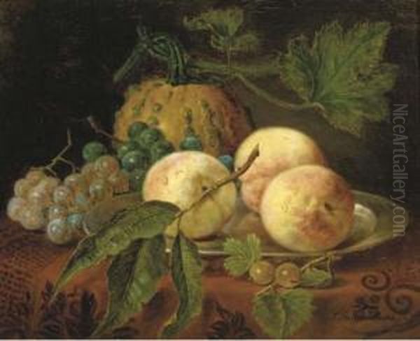 Peaches, Grapes And A Pumpkin On A Table Oil Painting by Sebastiaan Theodorus Voorn Boers