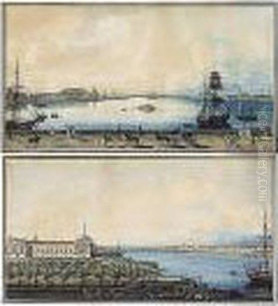 A Pair Of Views Of St. Petersburg A) Panorama Of The Neva From The Palace Embankment; B) Panorama Looking East From The Hermitage Oil Painting by Maksim Nikiforovich Vorob'Ev