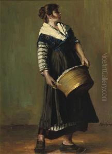 A Laundry Woman Oil Painting by Erno Ernest Voros Von Bel