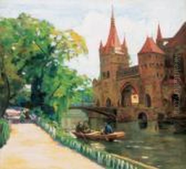 Boating On The Lake Of The City Park Oil Painting by Erno Ernest Voros Von Bel