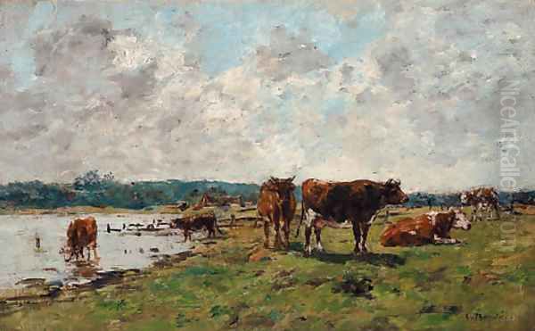 Vaches au bord de la Touques Oil Painting by Eugene Boudin