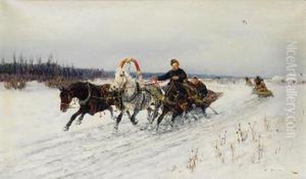 Sleigh Ride Oil Painting by Sergei Semenovich Voroshilov