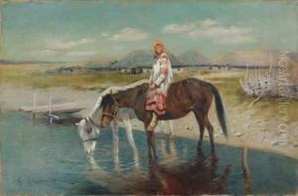 Jeune Fille Russe A Cheval Au Bord De L'eau Oil Painting by Sergei Semenovich Voroshilov