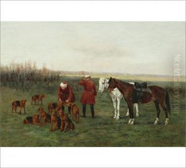 Hunters In The Steppe Oil Painting by Sergei Semenovich Voroshilov