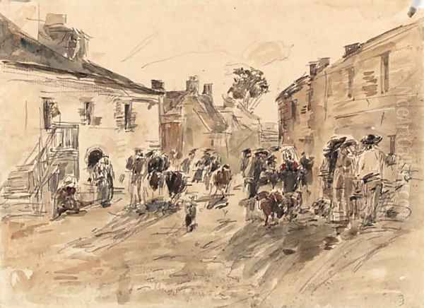 Village breton - Foire Oil Painting by Eugene Boudin