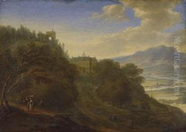 A Rhenish Landscape With Figures On A Path, A Mansion Beyond Oil Painting by Johannes Vorstermans