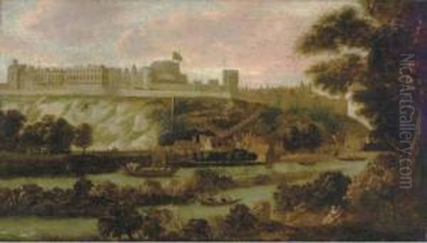 A View Of Windsor Castle With Boats On The River Thames Oil Painting by Johannes Vorstermans