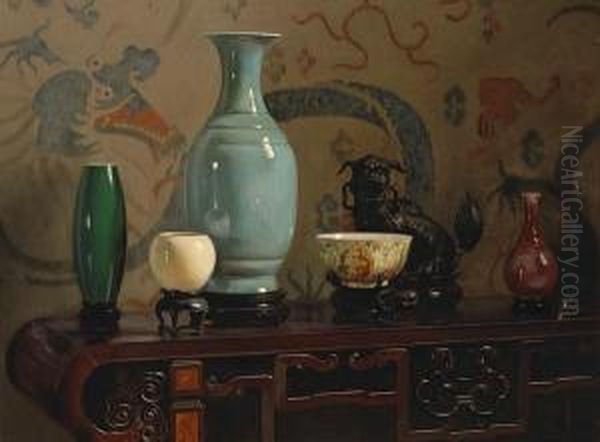 Asian Still Life With Blue Vase Oil Painting by Hubert Vos