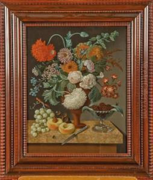 Vase De Fleurs Et Fruits Sur Un Entablement Oil Painting by Jan Vos