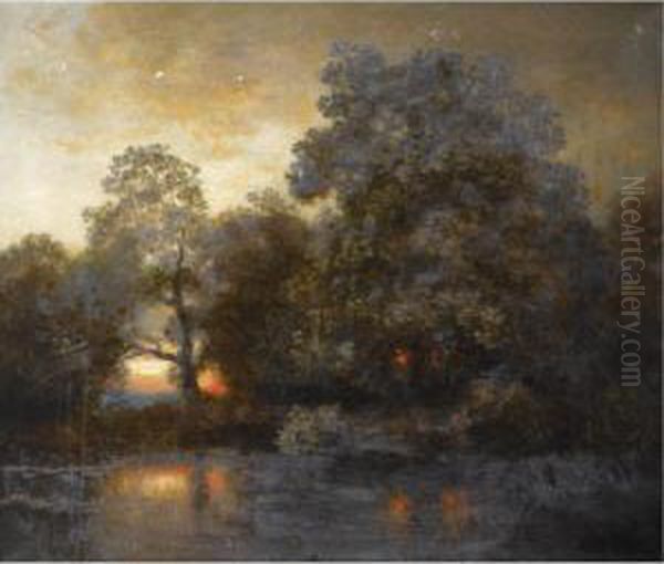 A River Landscape At Dusk Oil Painting by Heinrich Vosberg