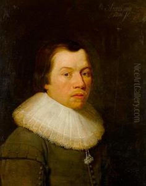 Portrait Of A Gentleman, Half-length, In A Grey Coat And A White Lace Collar Oil Painting by Huygh Pietersz. Voskuyl