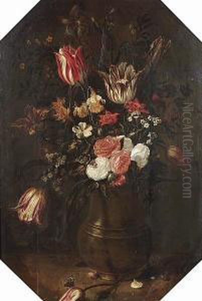 Tulips, Roses, Narcissi, Forget-me-nots And Other Flowers In A Bronze Vase On A Table Top With A Red Admiral Butterfly And A Bumblebee Oil Painting by Jacob Woutersz Vosmaer