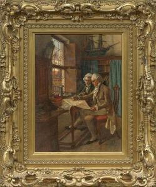 Interior Scene With Two Gentlemen Looking At A Map Oil Painting by Karl Leopold Voss