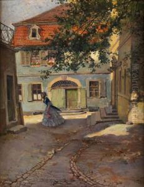 Sonnenbeschienener, Biedermeierlichergebaudehof Mit Junger Dame In Langem Kleid Oil Painting by Karl Leopold Voss