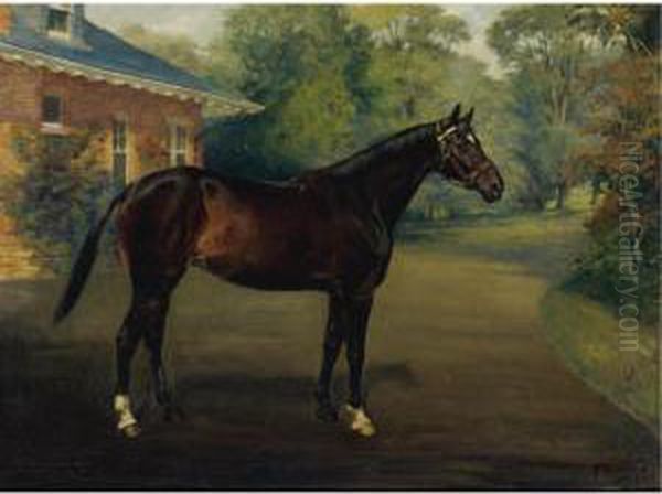 A Bay Horse Outside A Home Oil Painting by Frank Brook Voss