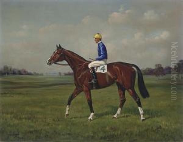 A Bay Racehorse With Jockey Up Oil Painting by Frank Brook Voss