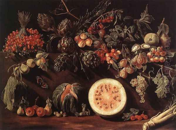 Fruit, Vegetables and a Butterfly c. 1620 Oil Painting by Pietro Paolo Bonzi