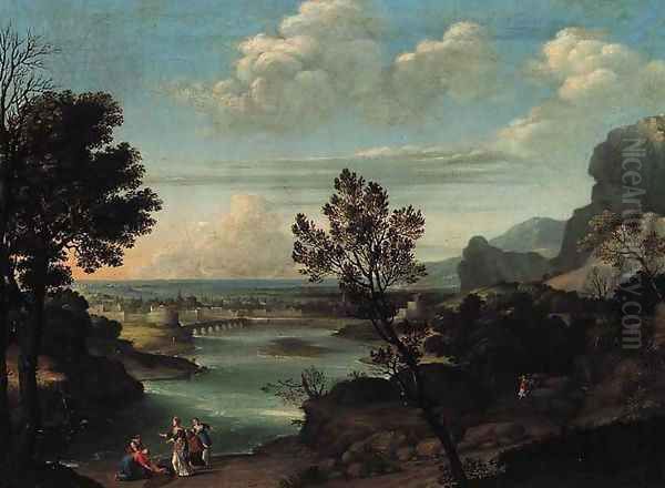 An extensive river landscape with the Finding of Moses Oil Painting by Pietro Paolo Bonzi