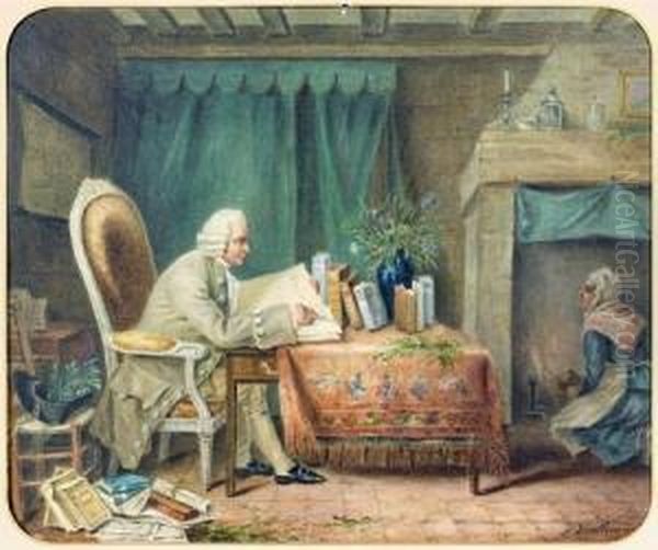 Jean-jacques Rousseau Travaillant A Son Herbier Oil Painting by Anne Nicole Voullemier