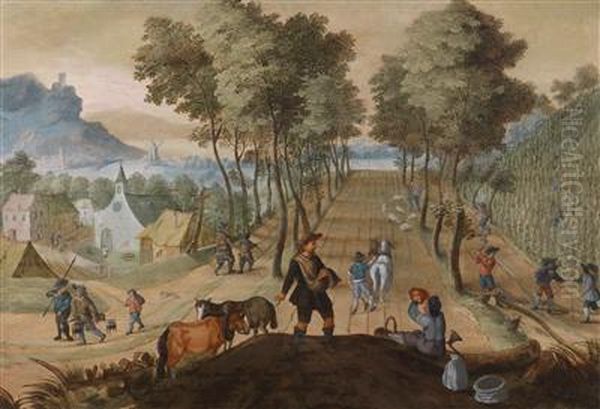 Tree-filled Landscape Near A Village With Peasants At Work In The Fields Oil Painting by Sebastien Vrancx