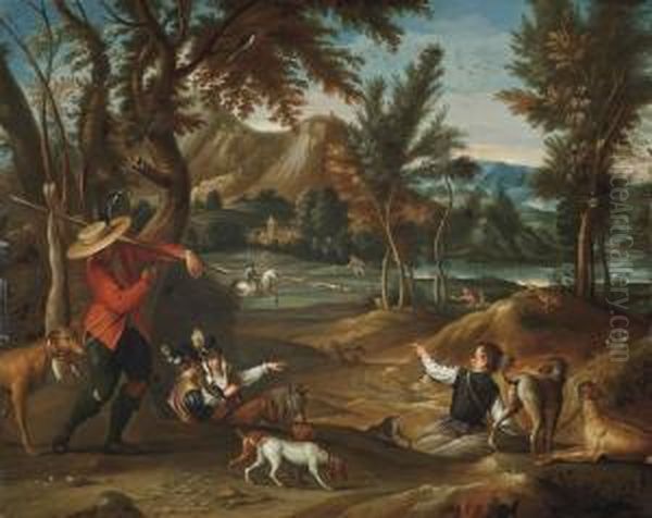 A Wooded River Landscape With A Hunting Party Oil Painting by Sebastien Vrancx