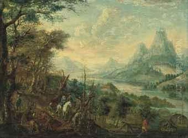 A Wooded River Landscape With Figures On Horseback And Peasantsgathering Wood, A Castle Beyond Oil Painting by Sebastian Vranx