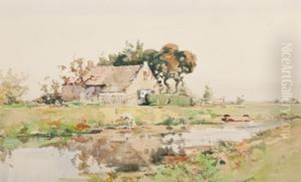 Farm By The Water On A Summer's Day Oil Painting by Cornelis Vreedenburgh