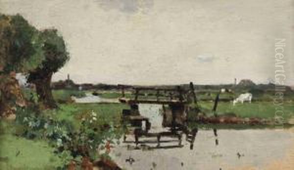 A Polder Landscape Oil Painting by Cornelis Vreedenburgh