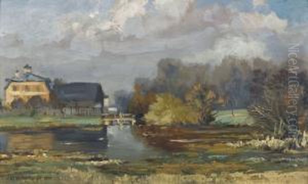 Herbstliche Landschaft Mit Teich Und Weiler Oil Painting by Cornelis Vreedenburgh