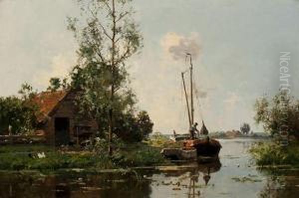 A Barge Mooring On A Summers Day by Cornelis Vreedenburgh