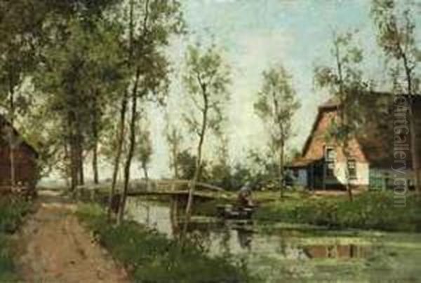 Washerwoman On The Bank Of A Canal Oil Painting by Cornelis Vreedenburgh