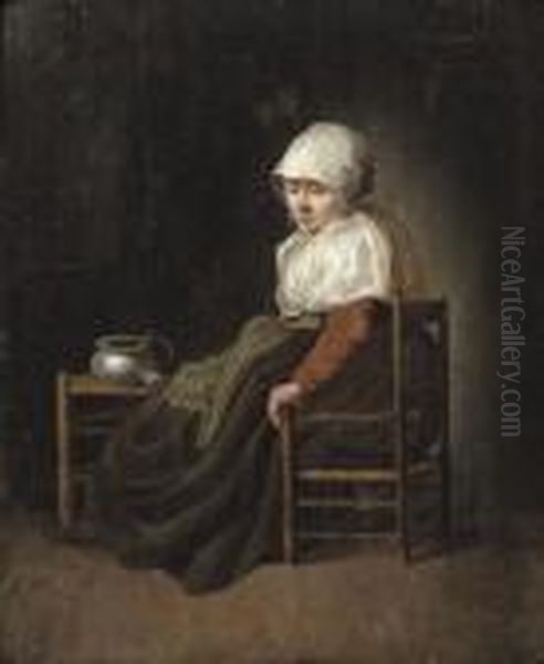 A Woman Seated In A Chair By A Stool With A Pewter Pot Oil Painting by Jacobus Vrel