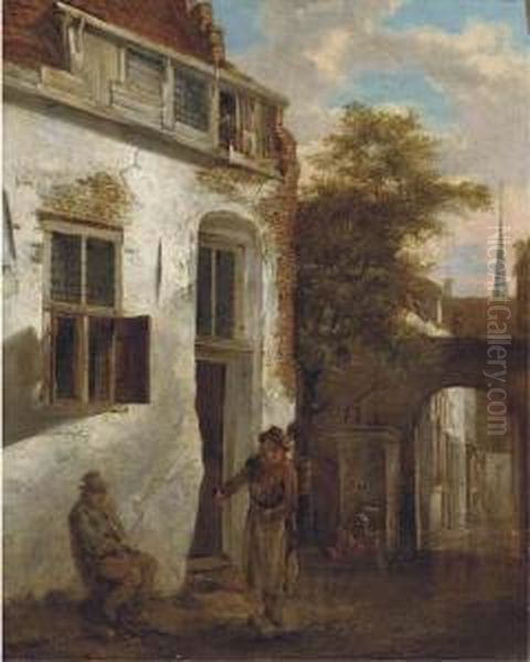 A Courtyard Scene With Peasants Oil Painting by Jacobus Vrel