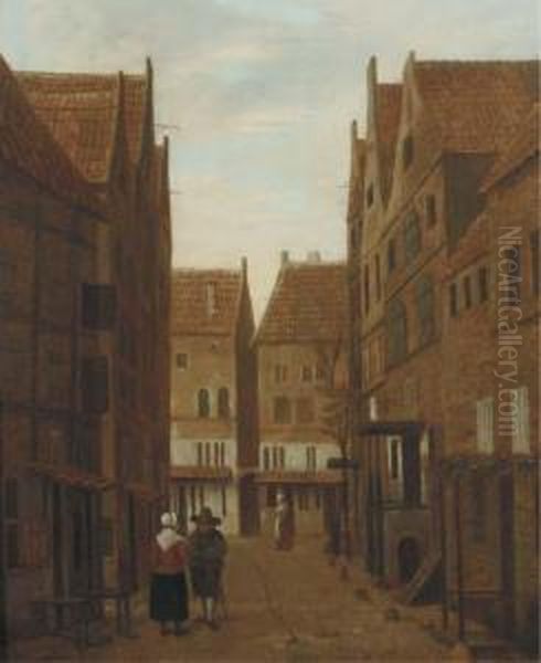 A City View With Figures Conversing In The Street Oil Painting by Jacobus Vrel