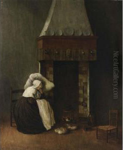 An Interior With A Woman Sleeping Near A Fireplace Together With A Cat And A Dog Oil Painting by Jacobus Vrel