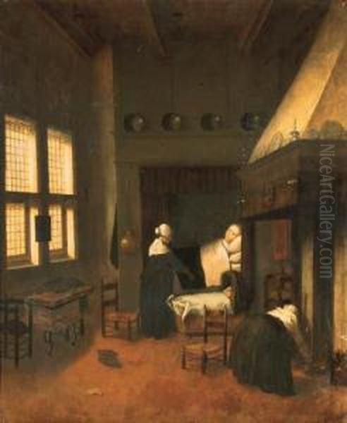 A Bedroom With A Woman In Bed, Her Child In A Cot And Nurses Oil Painting by Jacobus Vrel