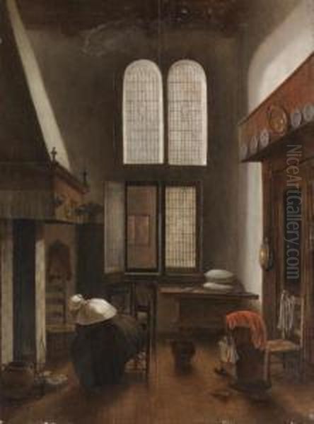 An Interior Of A House With A Seated Woman Oil Painting by Jacobus Vrel