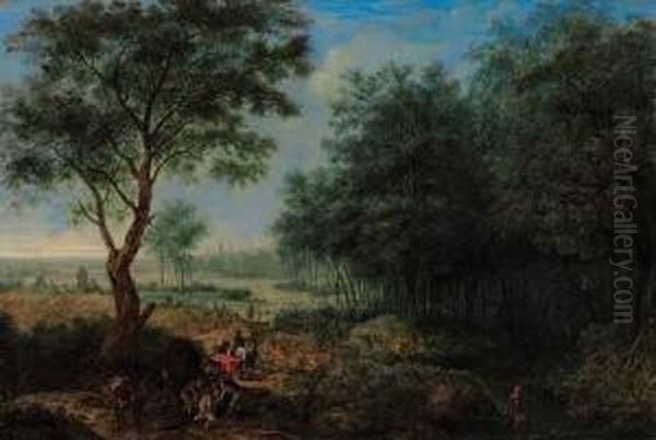 A Wooded River Landscape With Travellers Unloading A Fallenpackhorse On A Track, A Town Beyond; And A Mountain River Landscapewith Wagons And Travellers On A Track, Men Bathing Nearby Oil Painting by Josephus Vrienntt