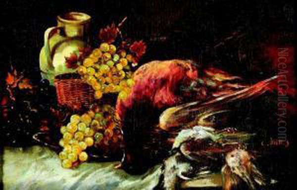 Natureza Morta - Aves, Uvas, Pote E Cesto Oil Painting by C. Vries