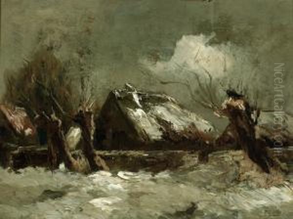 A Winter Landscape With Willows And A Farm Oil Painting by Arnold Vrijthoff