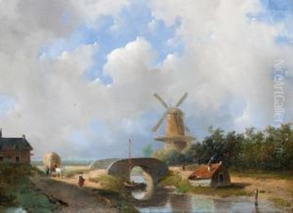 Activity Along The Water's Edge With Amill In The Background Oil Painting by Jacobus Adrianus Vrolijk