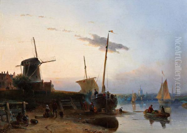 Figuren En Boten Bij Een Molen Aan De Waterkant Oil Painting by Jacobus Adrianus Vrolijk