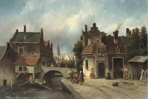 A Smithy By A Dutch Canal Oil Painting by Jacobus Adrianus Vrolijk