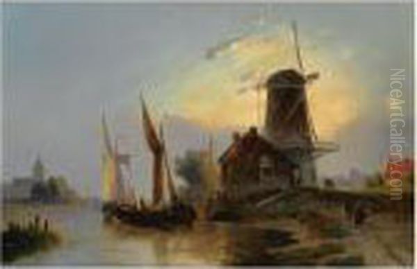 Moored Boats Near A Windmill Oil Painting by Jacobus Adrianus Vrolijk