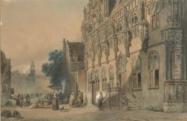 The Stadhuis And The Grote Markt, Middelburg Oil Painting by Jacobus Adrianus Vrolijk